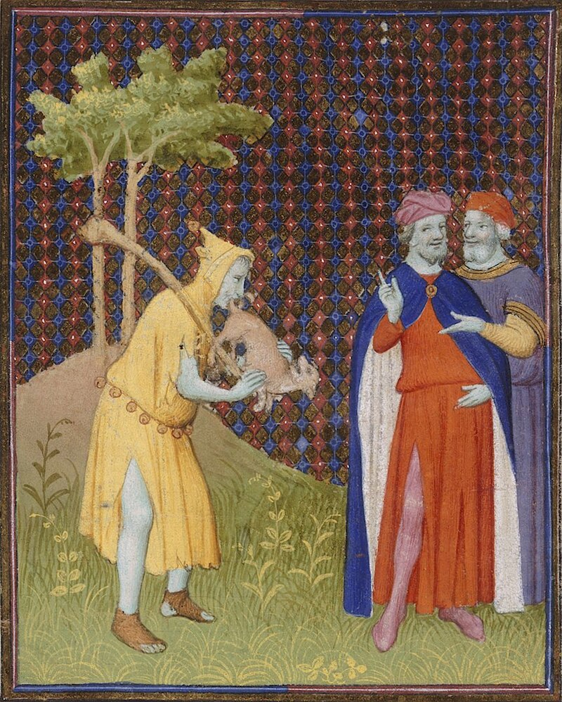 Jester playing with a dog.